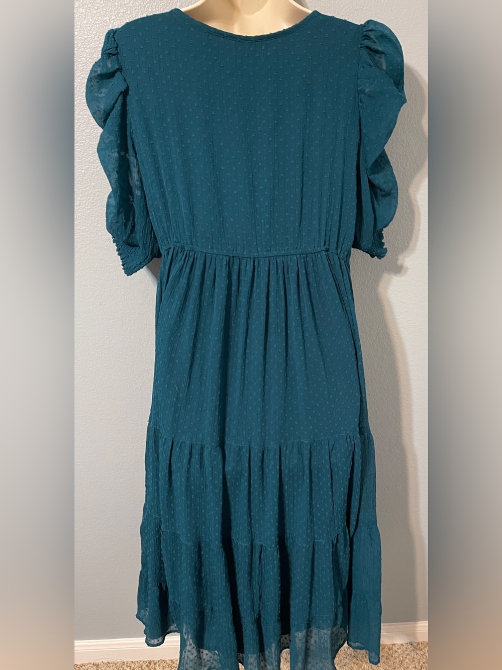 Antheaa Teal Embroidered Swiss Dot Tiered Midi Dress Puff Sleeve Boho Medium - Picture 3 of 7